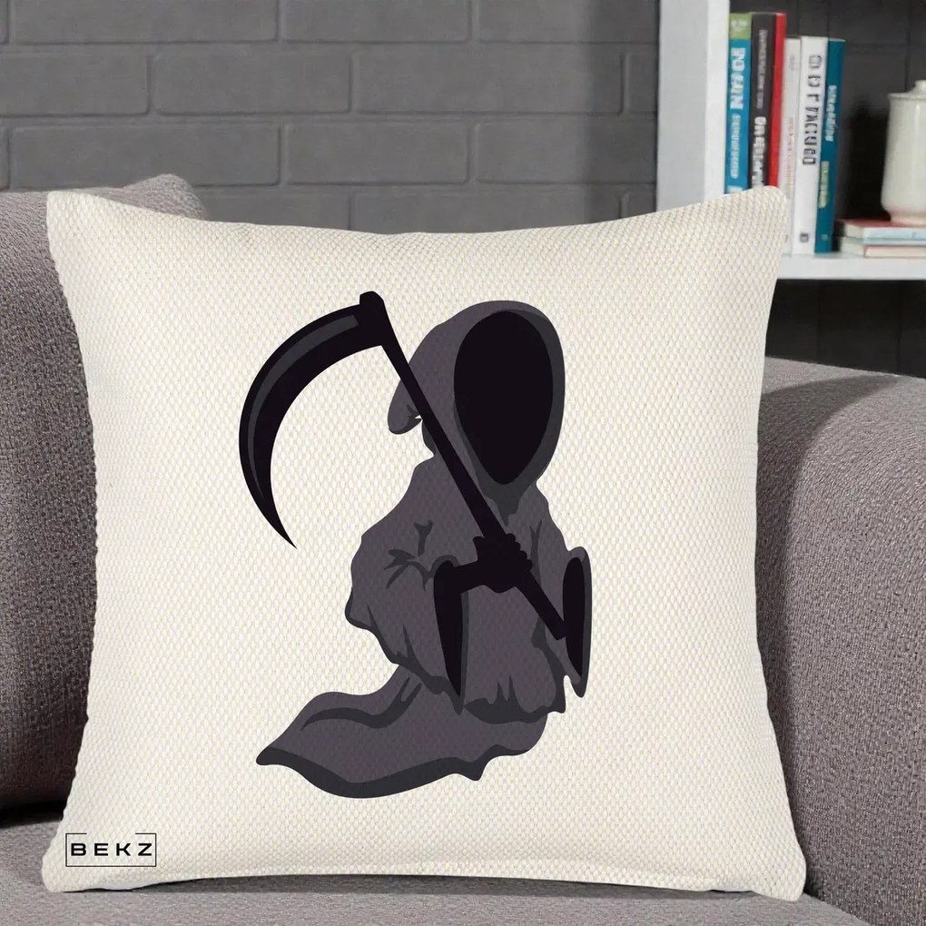 Perna Decorativa Moartea cu Coasa Grim Reaper Halloween, 40x40 cm, Crem Reliefat, Husa Detasabila, Perna Inclusa, BEKZ®