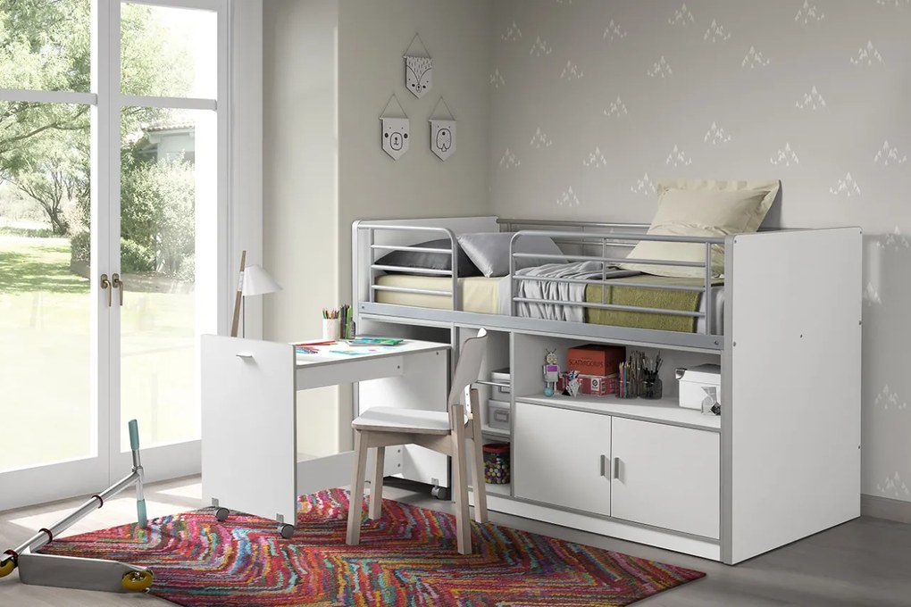 Pat Supraetajat cu Birou Extensibil și Spații de Depozitare, Alb (Metal și PAL) – Bonny – Vipack