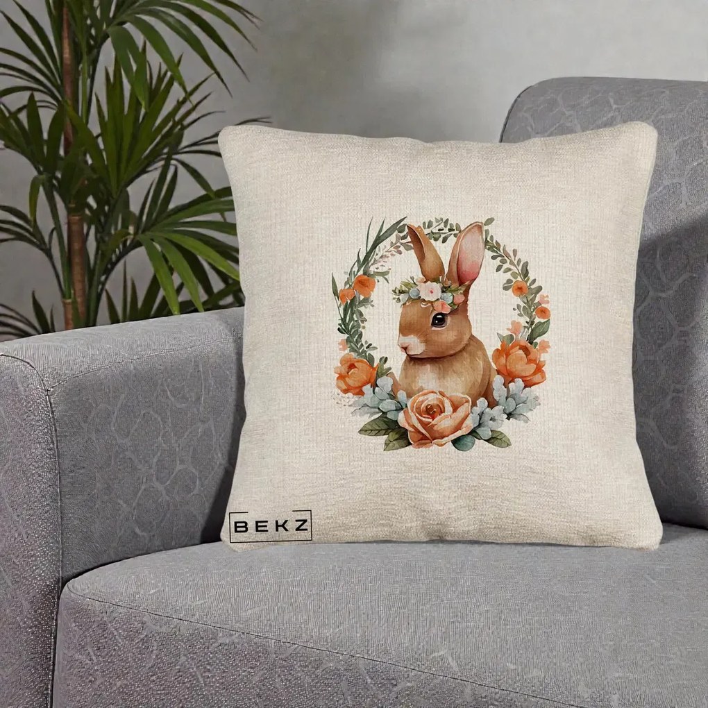 Perna Decorativa Iepuras Floral Coronita Acuarela, 40x40 cm, Bej Canapea, Husa Detasabila, Perna Inclusa, BEKZ®
