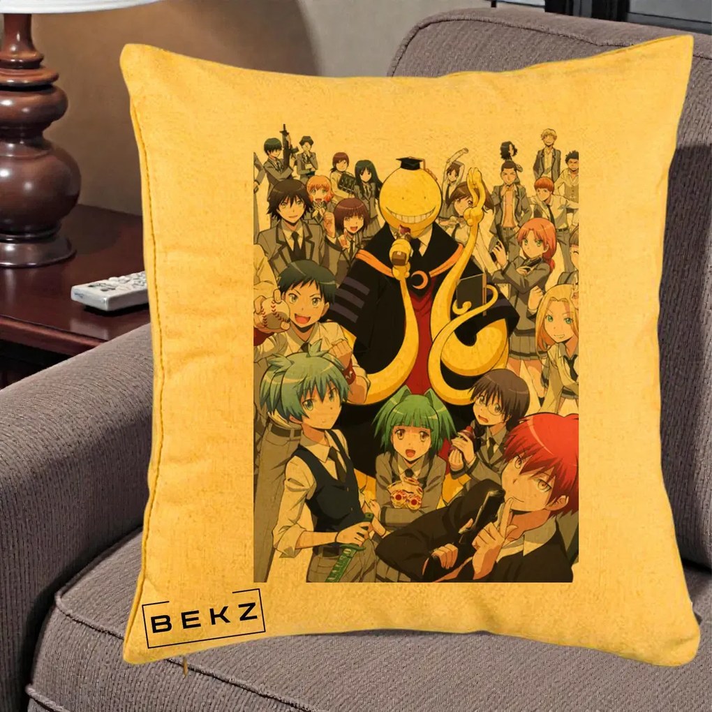 Perna Personalizata Assassination Classroom Grup Complet Anime, 40x40 cm, Galben, Husa Detasabila, Perna Inclusa, BEKZ®
