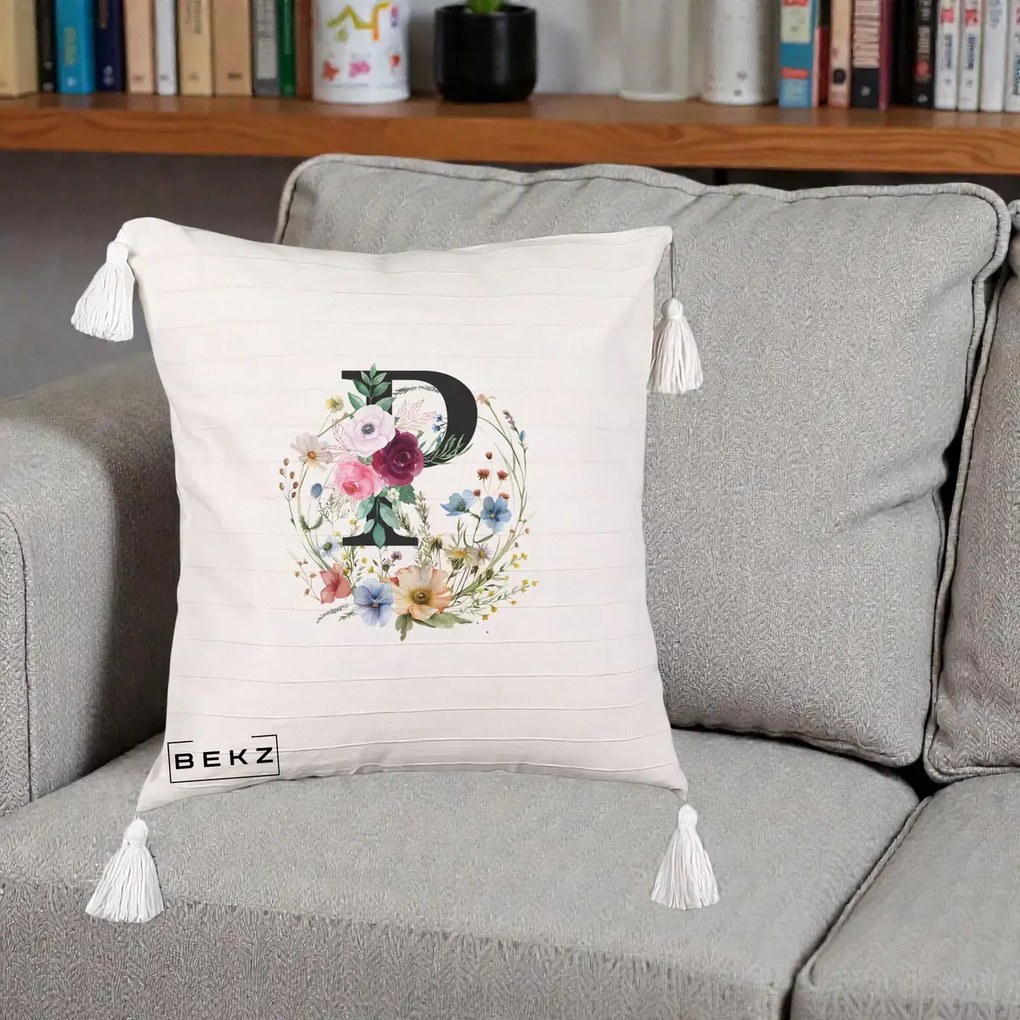 Cadou Personalizat - Perna Personalizata Monogram Litera P cu Flori Acuarela, 40x40 cm, Bej cu Franjuri, Husa Detasabila, Perna Inclusa, BEKZ®