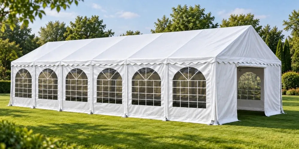Cort evenimente Economy, 6 × 12 m, 72 m², PVC 440 g/m², structură metalică ranforsată, 12 ferestre, înălțime 3 m, Alb,