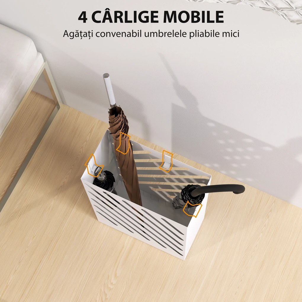HOMCOM Suport pentru Umbrele cu Tavă pentru Colectarea Picăturilor și 4 Cârlige, 28x14x41 cm, Alb | Aosom Romania