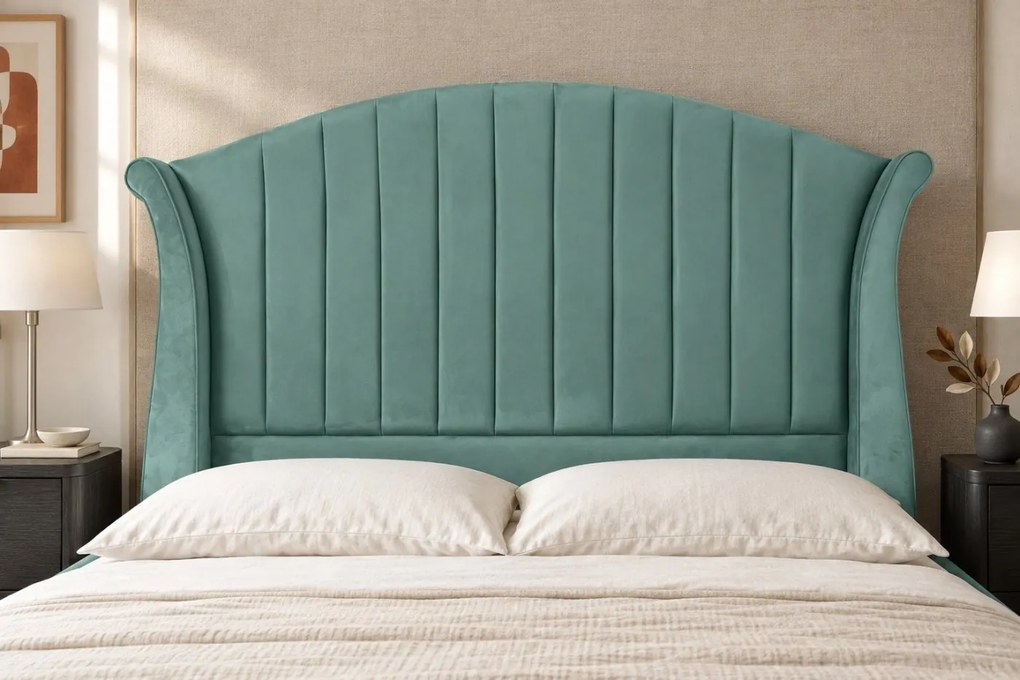 Pat tapițat din catifea Sorella Simple Line 160×200 cm, verde marin, cu ladă de depozitare