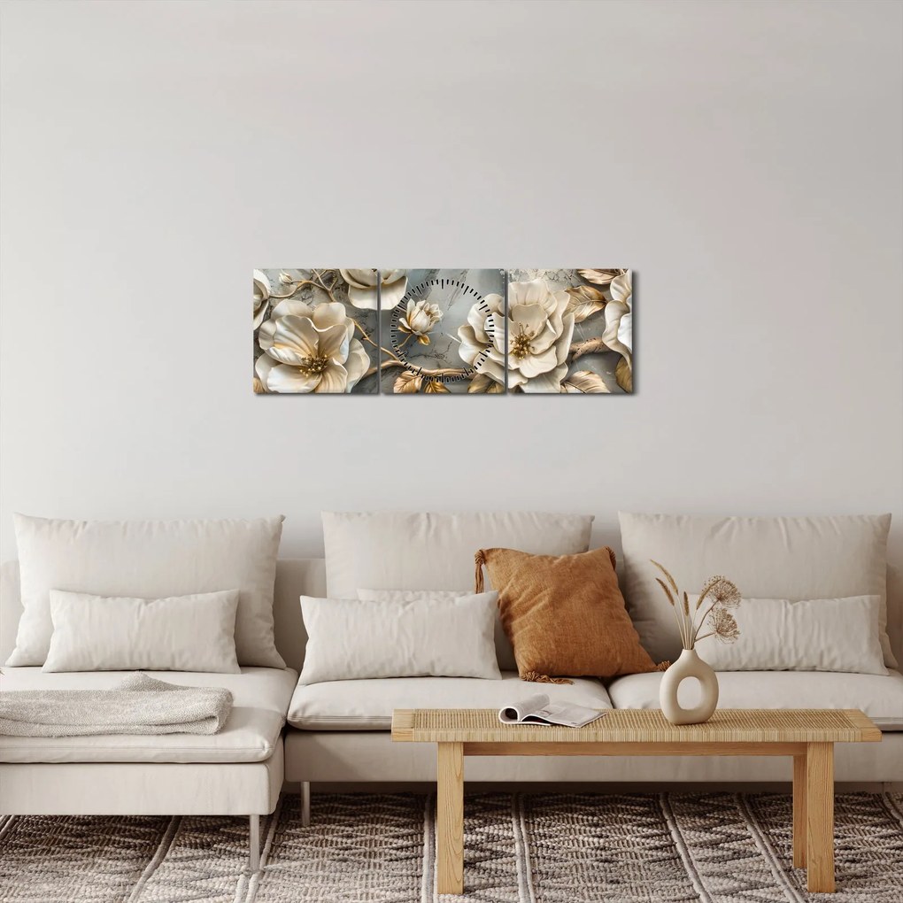 Tablou - Marmură de fundal cu flori (cu ceas) (90x30 cm)