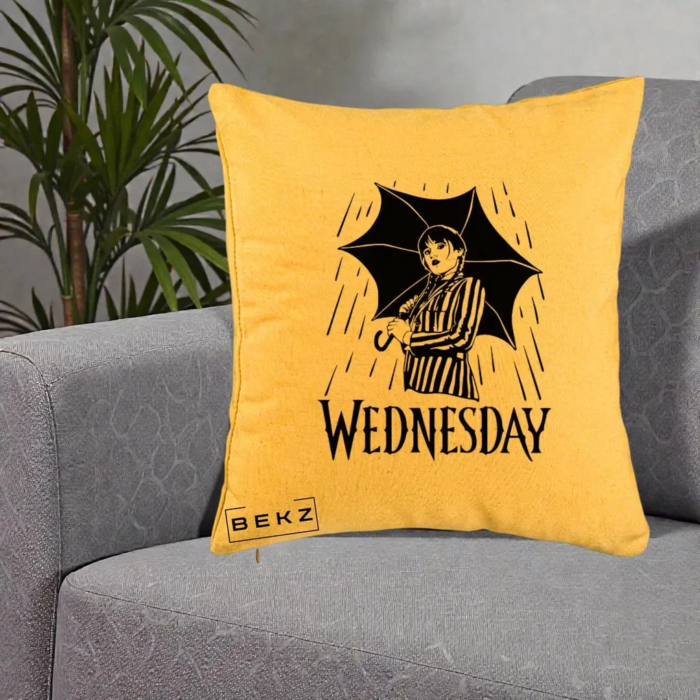 Perna Personalizata Wednesday cu Umbrela Ploaie Lineart, 40x40 cm, Galben, Husa Detasabila, Perna Inclusa, BEKZ®