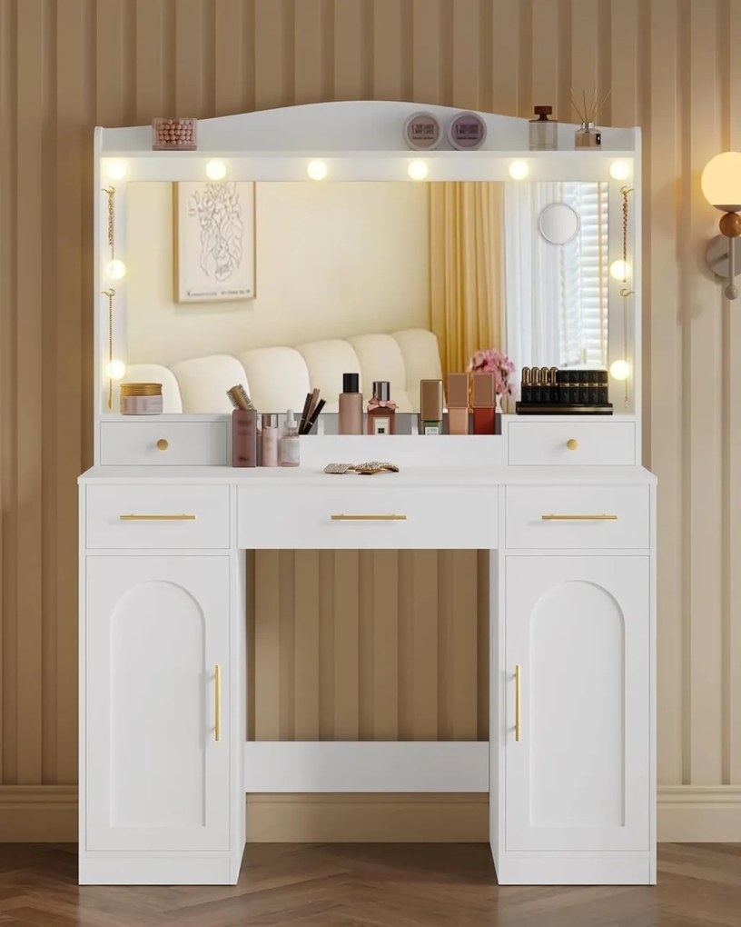 Masuta machiaj cu Oglinda LED si 5 Sertare pentru Cosmetice, Set Masa toaleta 108 cm, Alb, masuta cosmetica, vanity - SEA911