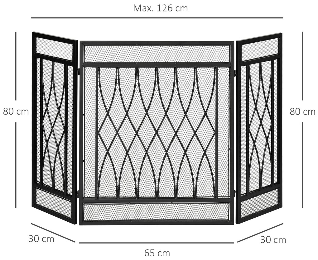 HOMCOM Grilă de protecție pentru șemineu - Paravan larg pentru șemineu sau sobă - Protecție contra scânteilor - barieră de siguranță - 3 panouri pliabile - metal negru | Aosom Romania
