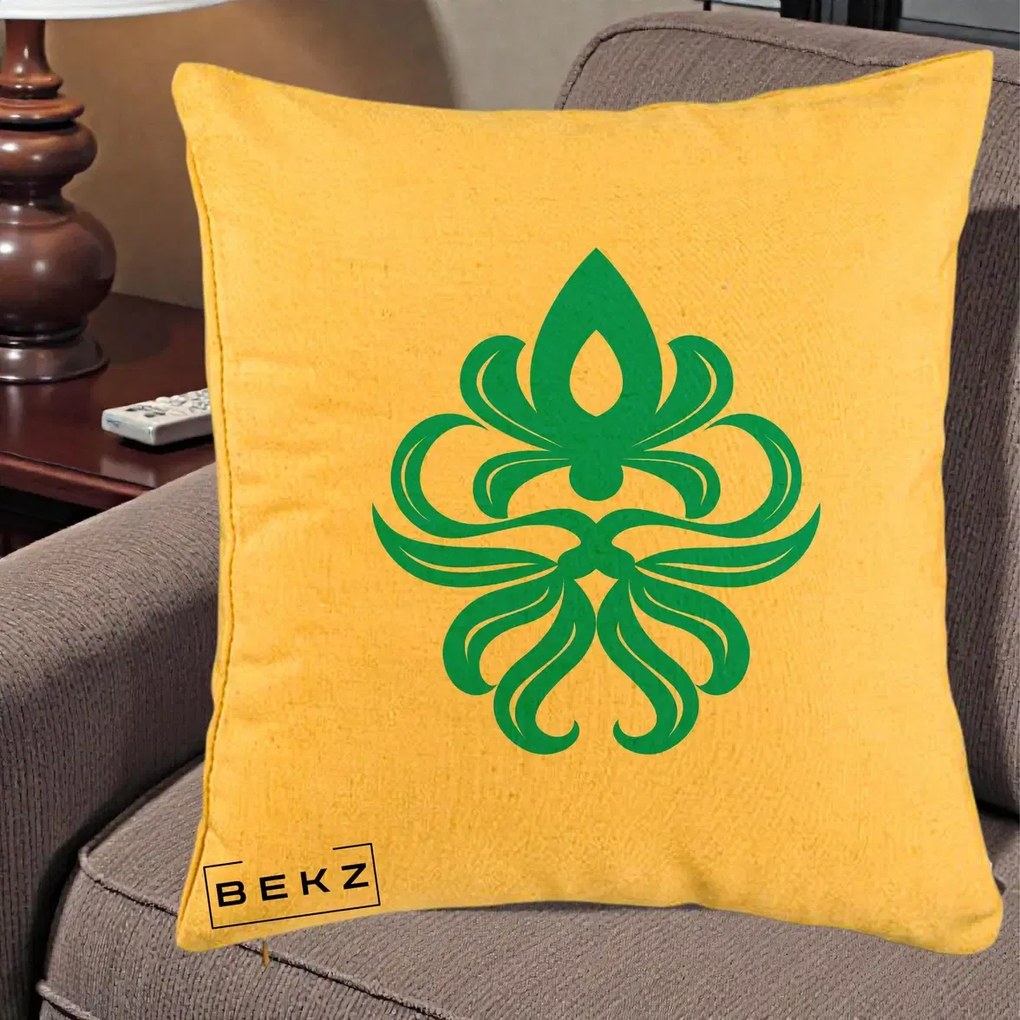 Perna Decorativa Ornament Turcoaz Fleur de Lis, 40x40 cm, Galben, Husa Detasabila, Perna Inclusa, BEKZ®