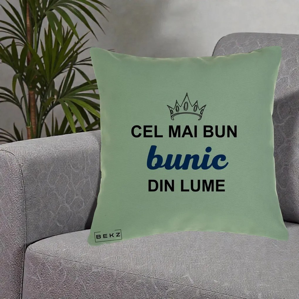 Cadou pentru Bunic - Perna Personalizata Cel Mai Bun Bunic Din Lume Coroana Albastra, 40x40 cm, Verde, Husa Detasabila, Perna Inclusa, BEKZ®