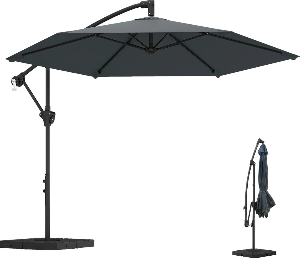 Outsunny Umbrelă tip ampel cca. Ø300 cm umbrelă cu mecanism de blocare, manivelă, suport, greutăți gri închis | Aosom Romania
