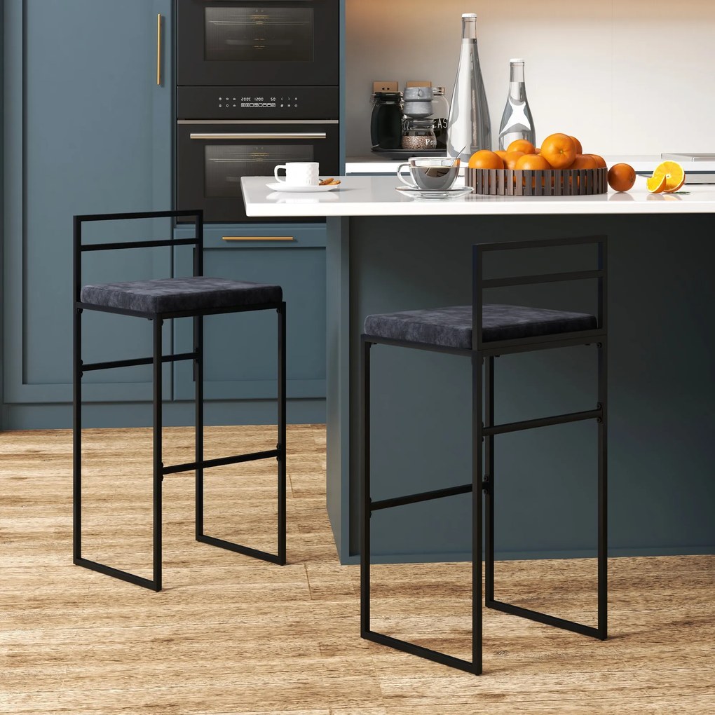HOMCOM Lot de 2 taburete de bar taburete înalte pernă de șezut din catifea suport pentru picioare înălțime 74 cm negru | Aosom Romania