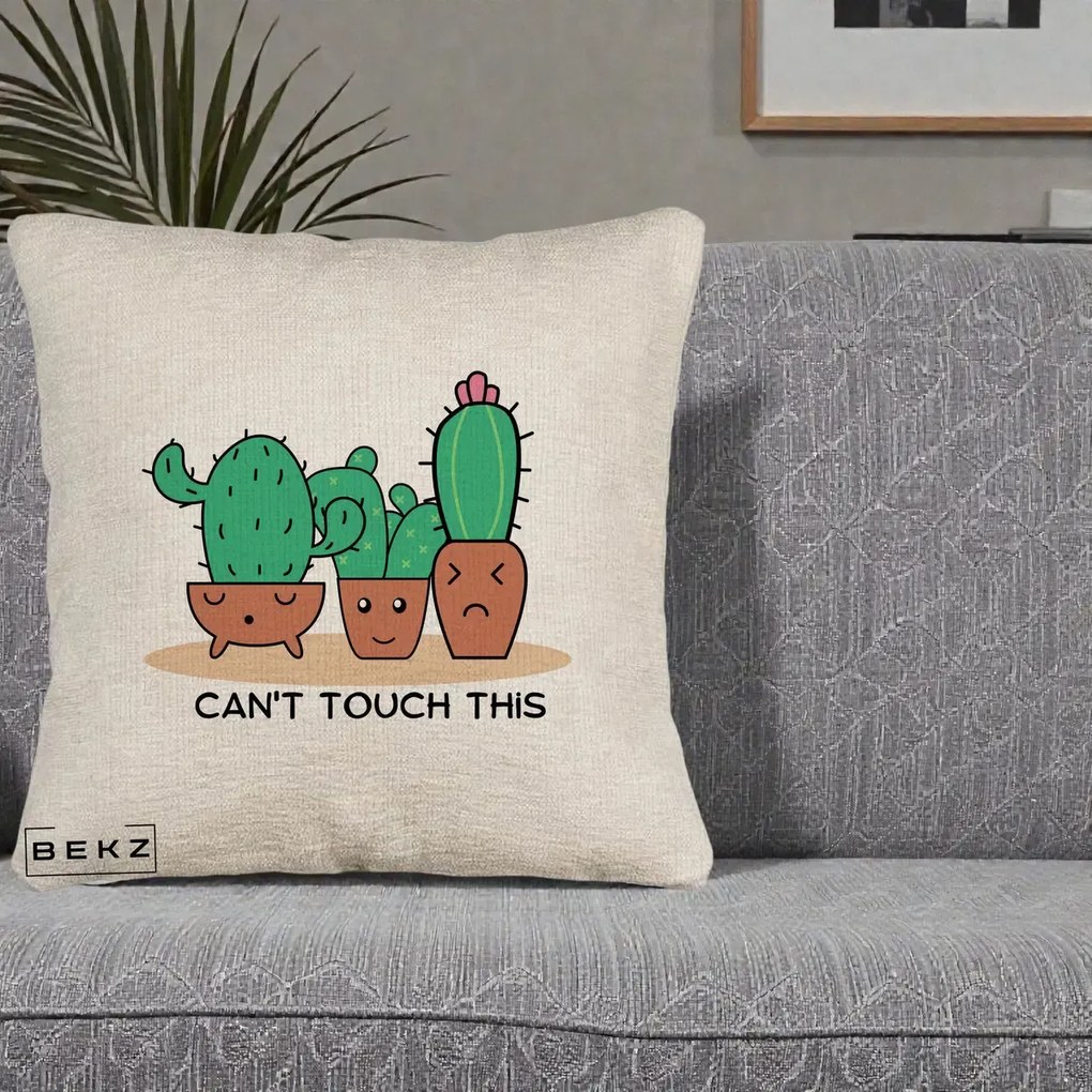 Perna Decorativa Cactus Funny Can't Touch This, 40x40 cm, Bej Canapea, Husa Detasabila, Perna Inclusa, BEKZ®