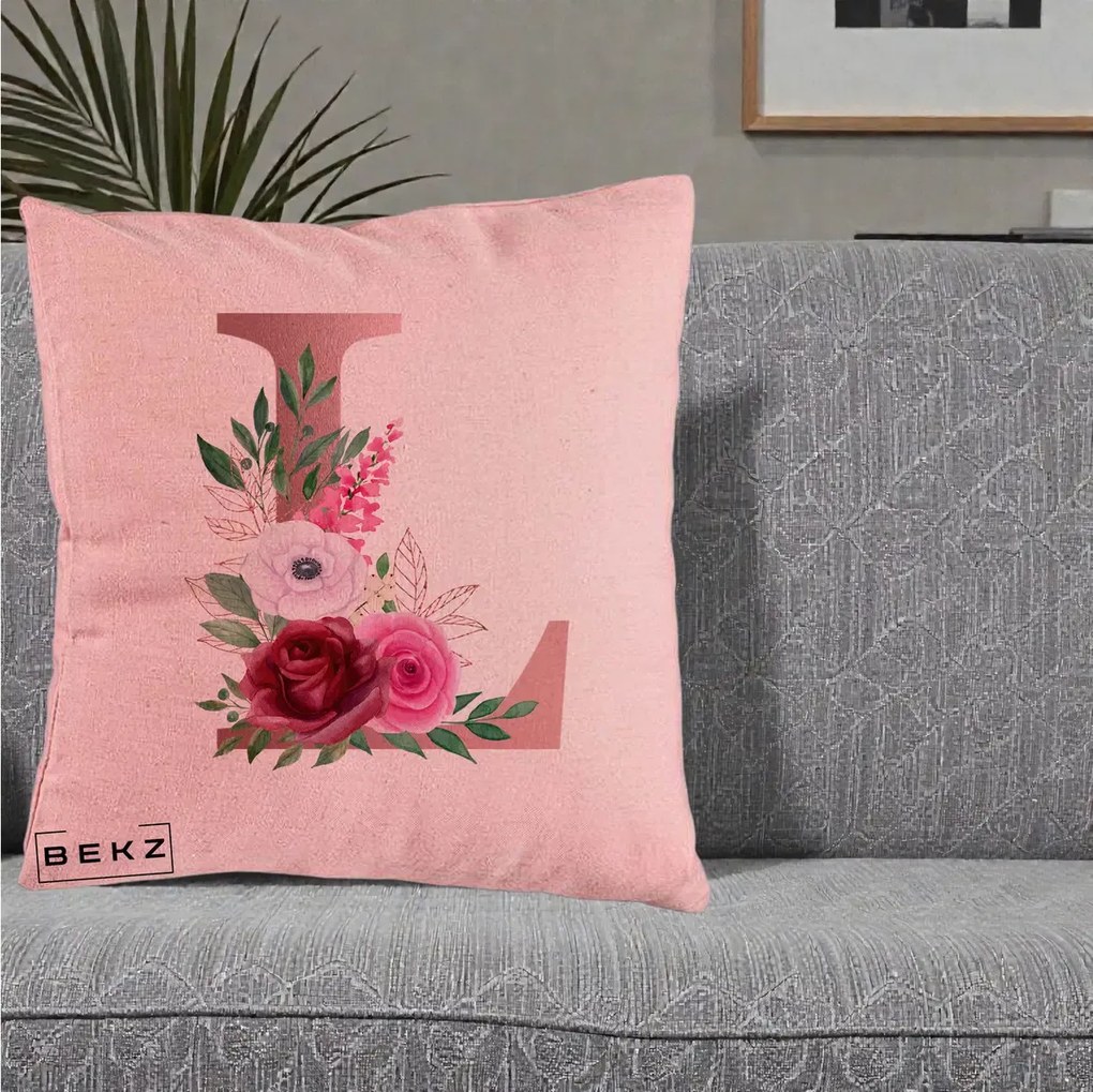 Cadou Personalizat - Perna Personalizata Monograma Rose Gold Litera L, 40x40 cm, Roz, Husa Detasabila, Perna Inclusa, BEKZ®