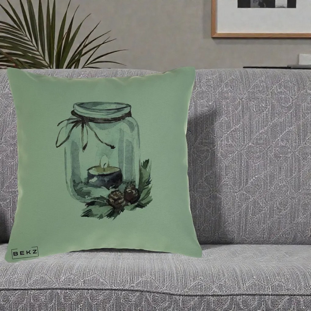 Perna Decorativa Felinar cu Lumanare si Conuri, 40x40 cm, Verde, Husa Detasabila, Perna Inclusa, BEKZ®