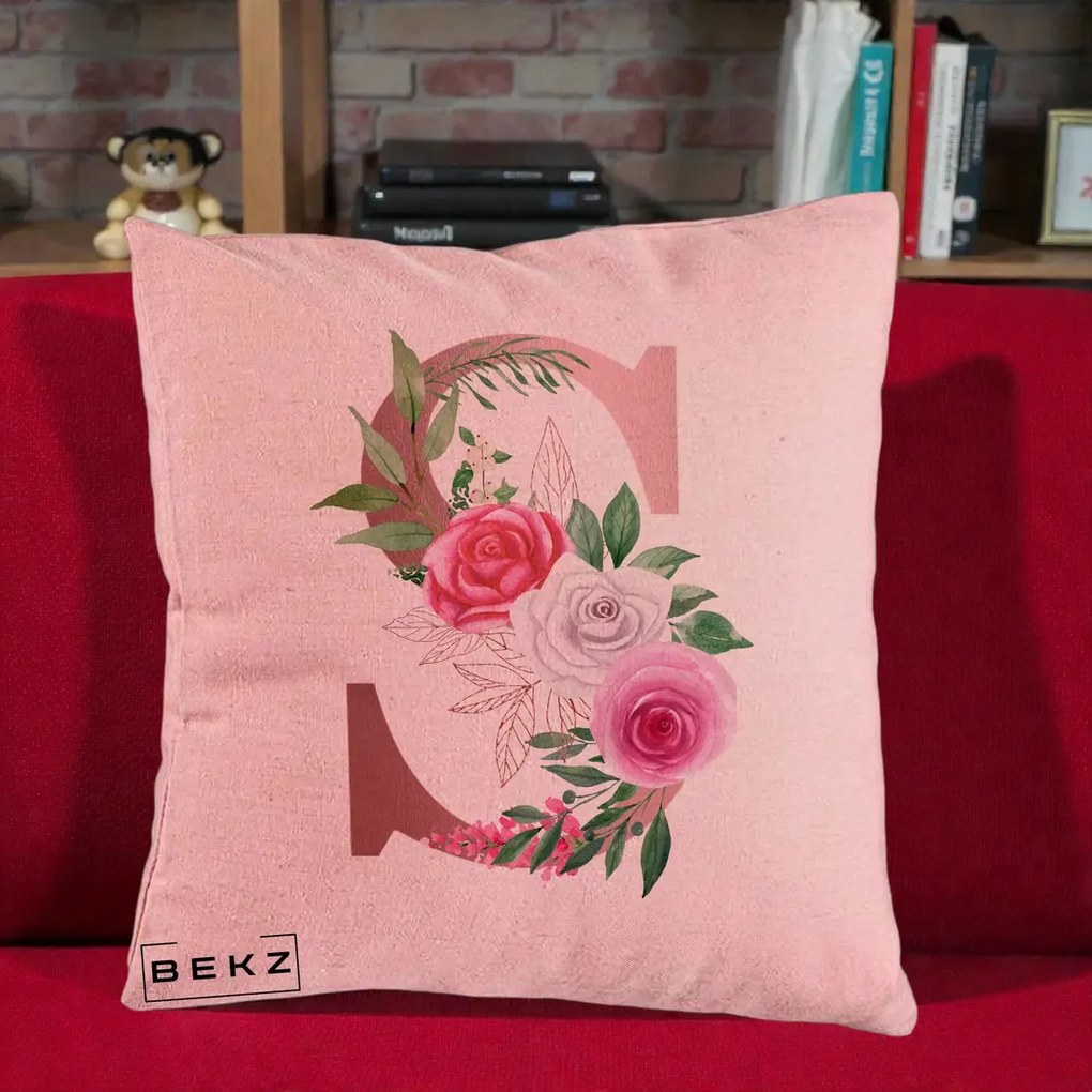 Cadou Personalizat - Perna Personalizata Monograma Rose Gold Litera S, 40x40 cm, Roz, Husa Detasabila, Perna Inclusa, BEKZ®