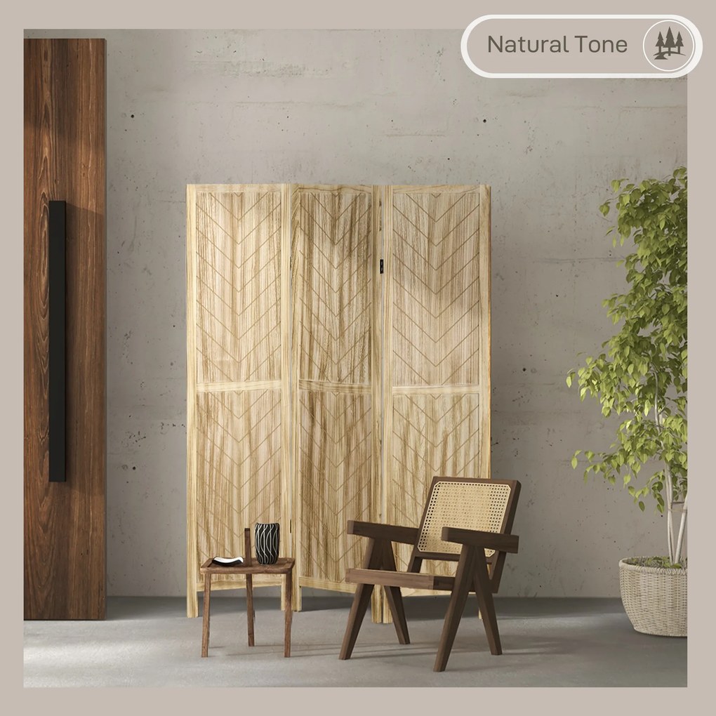 HOMCOM Separator de Cameră cu 3 Panouri, Ecran de Confidențialitate Pliabil Portabil pentru Interior din Lemn Masiv, Despărțitor de Perete, 120x170x1.6 cm, Natural