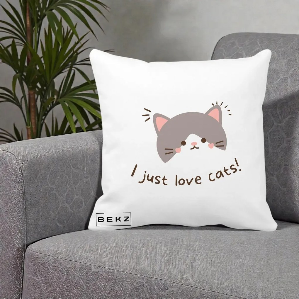 Perna Personalizata I Just Love Cats Pisica Kawaii, 40x40 cm, Alba Mata, Husa Detasabila, Perna Inclusa, BEKZ®