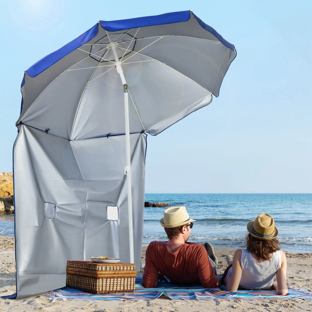 Outsunny Umbrelă de Plajă cu Acoperiș Înclinabil la 45°, Ferestre și 2 Buzunare, Ø191x211 cm, Albastru | Aosom Romania
