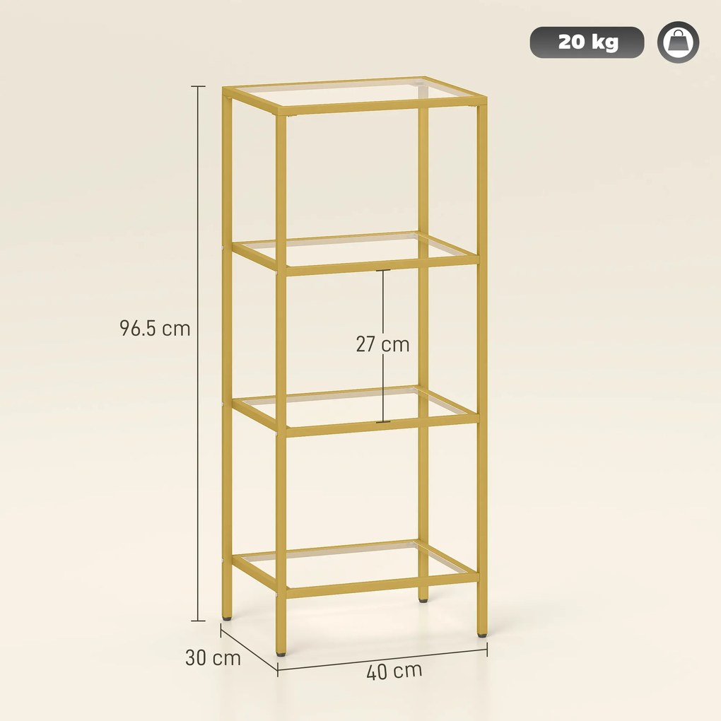 HOMCOM Unitate de Rafturi cu 4 Nivele, Raft de Sticlă, Raft de Stocare Vertical pentru Sufragerie, Birou Acasă, Dormitor, Baie, Tonuri de Aur | Aosom Romania
