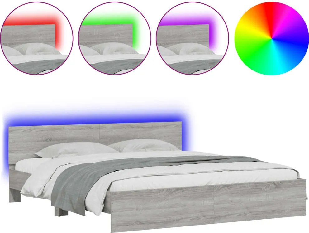 vidaXL Cadru de pat cu tăblie și LED, gri sonoma, 180x200 cm