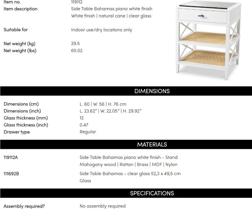 Noptiera, Masuta Laterala LUX, Lemn, Rattan, Bahamas alb