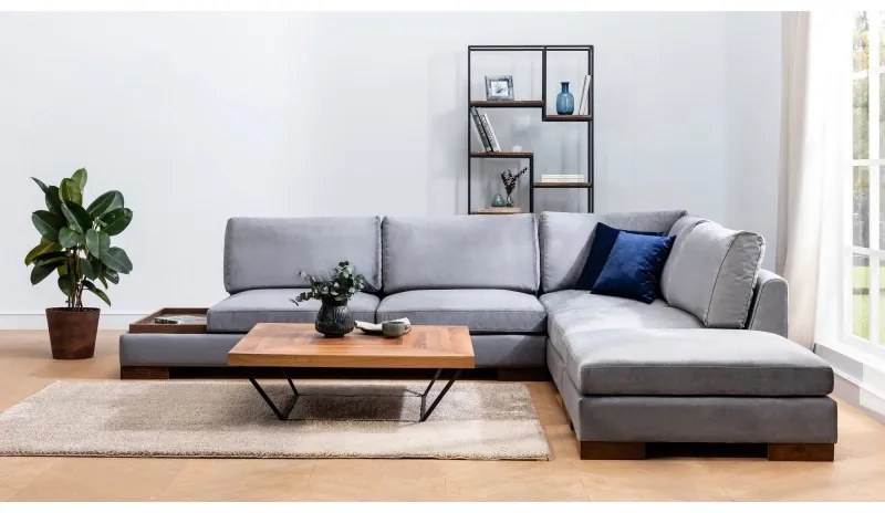 Canapea Tapitata Tip Coltar cu Suport Cafea si Taburet Tulip Corner Right With Pouf - Dark Grey