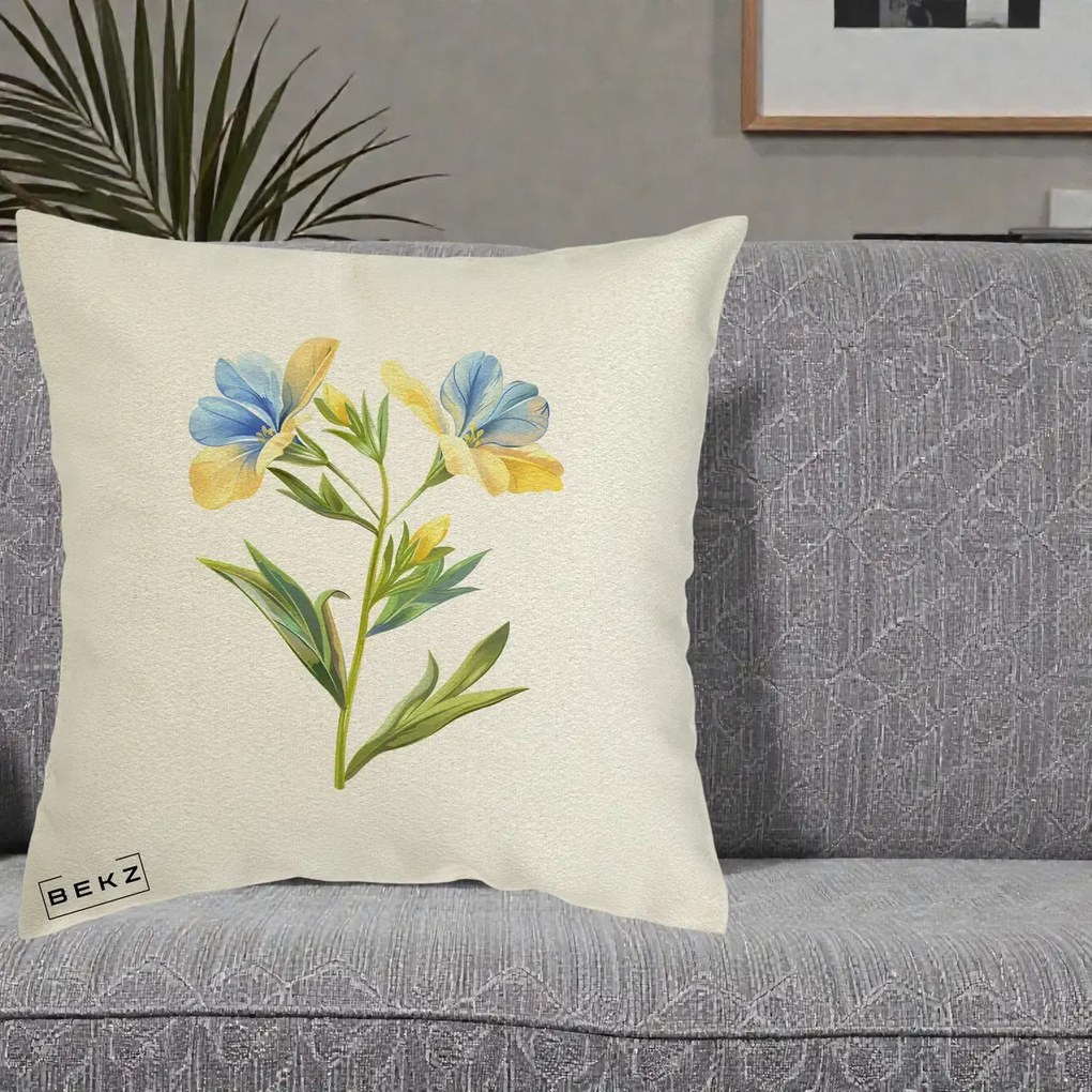 Perna Decorativa Botanica Frezie Galbena si Albastra, 40x40 cm, Ecru, Husa Detasabila, Perna Inclusa, BEKZ®