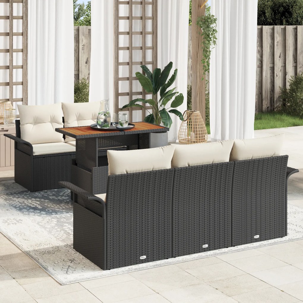 vidaXL Set de canapele de grădină format din 6 piese cu perne, din ratan negru și acacia