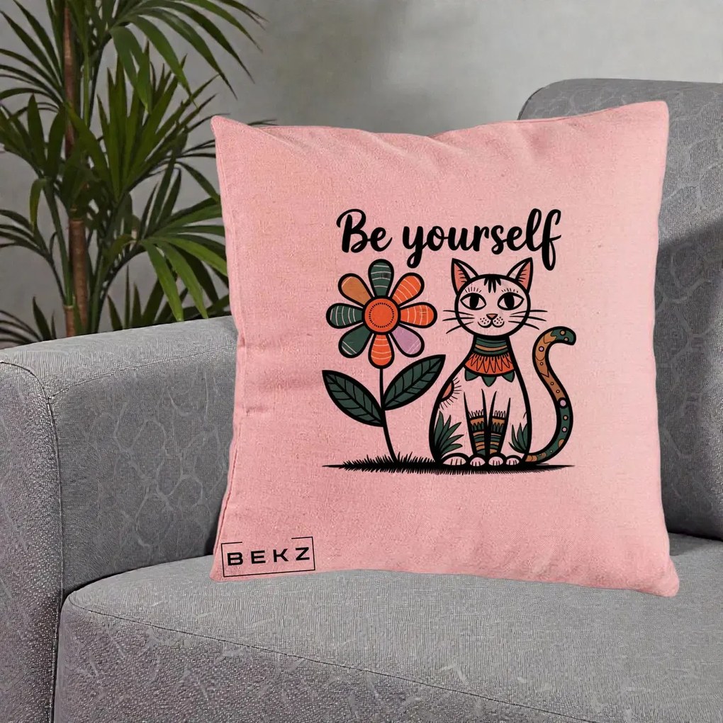 Perna Personalizata Be Yourself Pisica Folk, 40x40 cm, Roz, Husa Detasabila, Perna Inclusa, BEKZ®