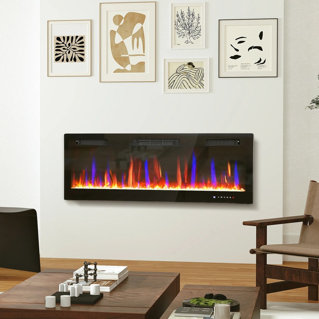 HOMCOM Șemineu Electric de Perete și Încorporabil 3 în 1 cu Design Ultra-Subțire de 9,4 cm, 12 Culori de Flacără 3D și Cristale, 900/1800W, cu Telecomandă, Touchscreen, Timer și Termostat | Aosom Romania
