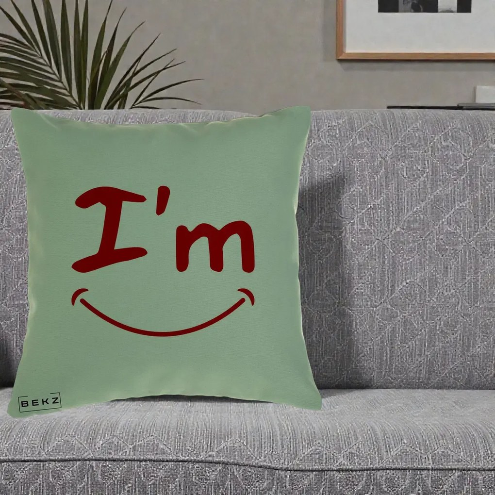 Perna Decorativa I'm Happy Smile, 40x40 cm, Verde, Husa Detasabila, Perna Inclusa, BEKZ®