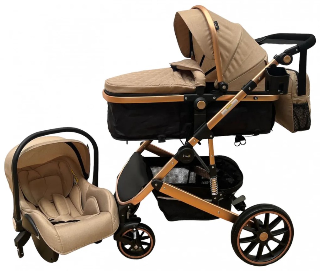 Carucior 3 in 1 cu scoica auto, transformabil, reversibil, cu roti cauciuc, 0-36 luni - CPC-37-crem