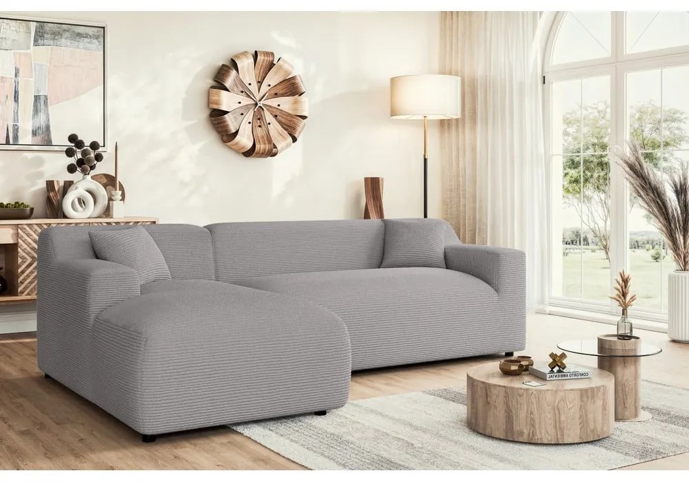 Colțar gri deschis cu tapițerie din catifea reiată (cu colț pe partea stângă, cu șezlong) Martin – Ropez