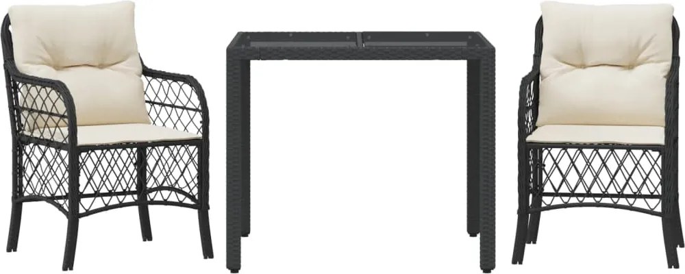 vidaXL Set bistro cu perne, 3 piese, negru, poliratan