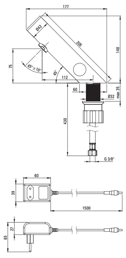 Baterie lavoar cu senzor, culoare negru, alimentare retea 230 6V, control temperatura, Deante Sense