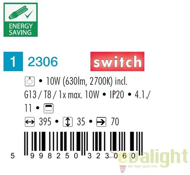 Aplica de perete, mobila bucatarie, cu intrerupator, L-39,5cm, Band light 2306 RX