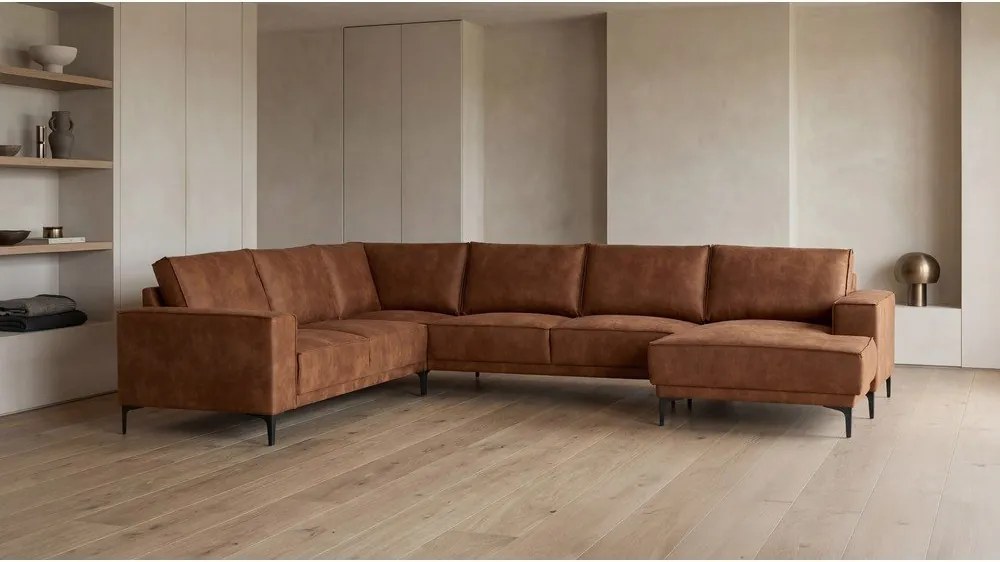 Colțar maro coniac cu tapițerie din imitație de piele (colț pe partea dreaptă/în formă de "U") Copenhagen – Scandic