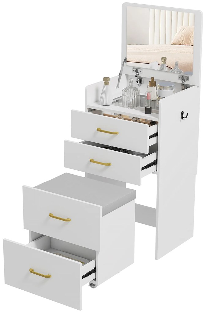 HOMCOM Coasă cu oglindă și taburet 3 în 1, 3 sertare și placă de sticlă vizibilă, pernă tapitată, 48 x 40 x 90 cm, alb | Aosom Romania