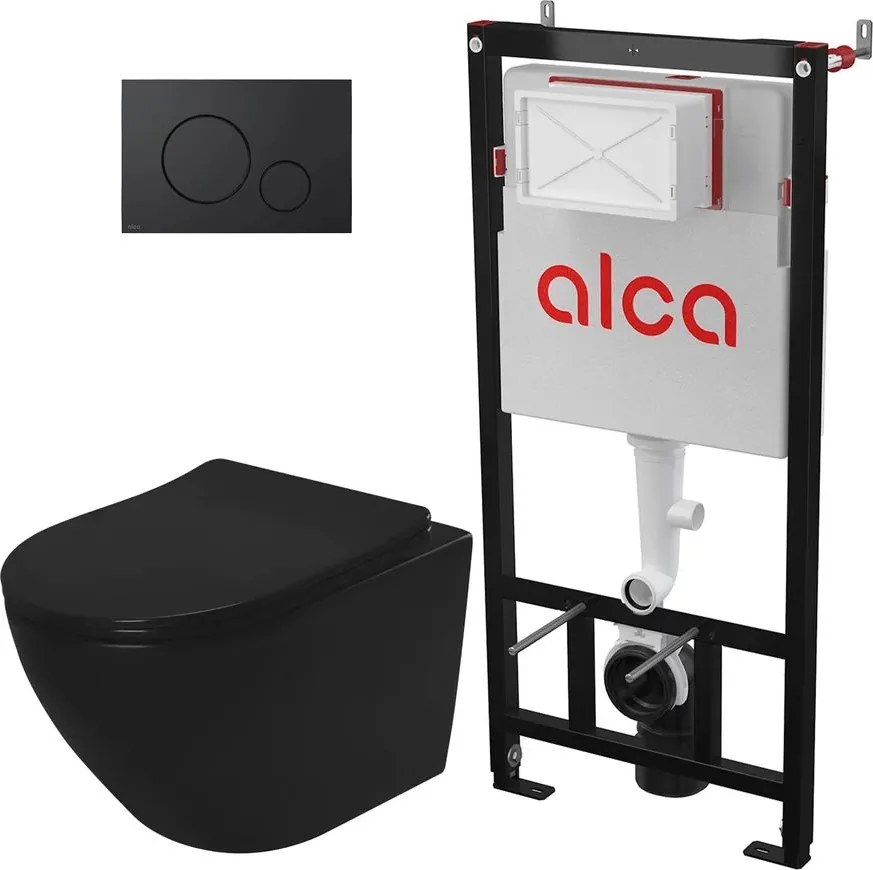 Pachet vas wc suspendat Rea Carlo, capac softclose, rama instalare Alcadrain si clapeta Alcadrain negru
