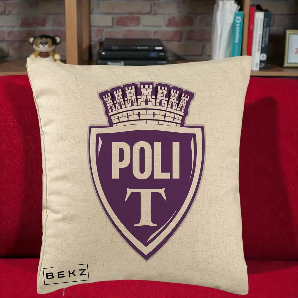 Perna Personalizata Poli Timisoara Fotbal, 40x40 cm, Bej, Husa Detasabila, Perna Inclusa, BEKZ®