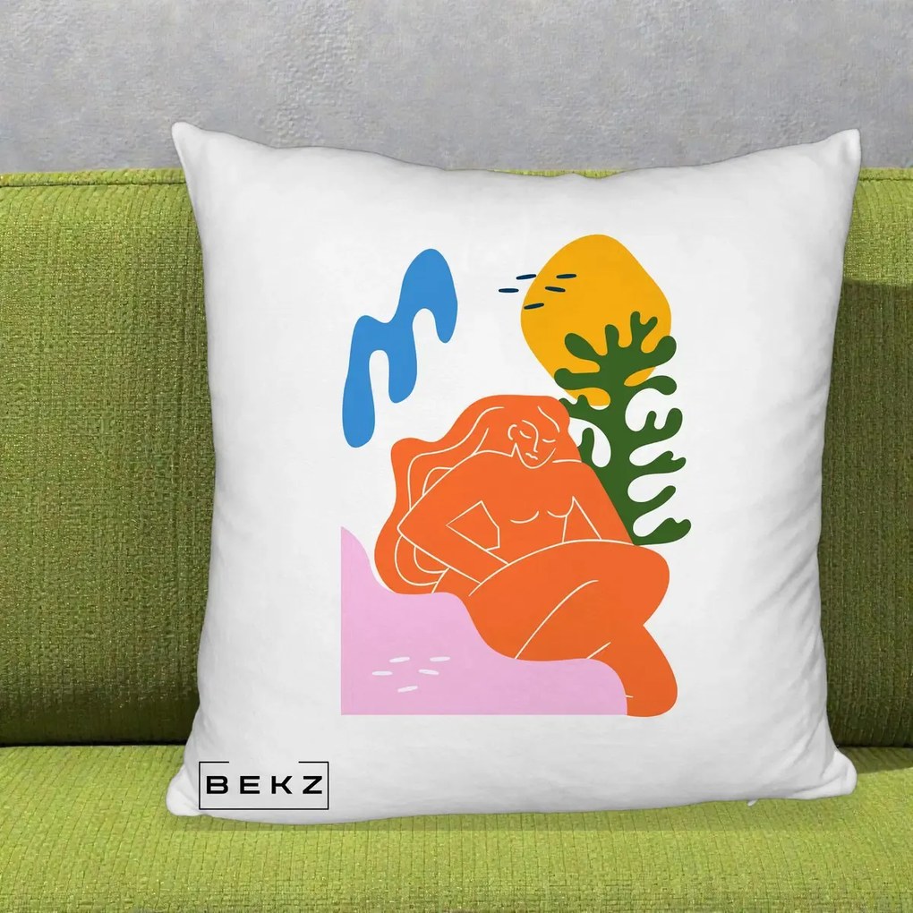 Perna Decorativa Femeie Portocalie Relaxata, 40x40 cm, Alb Pufos, Husa Detasabila, Perna Inclusa, BEKZ®