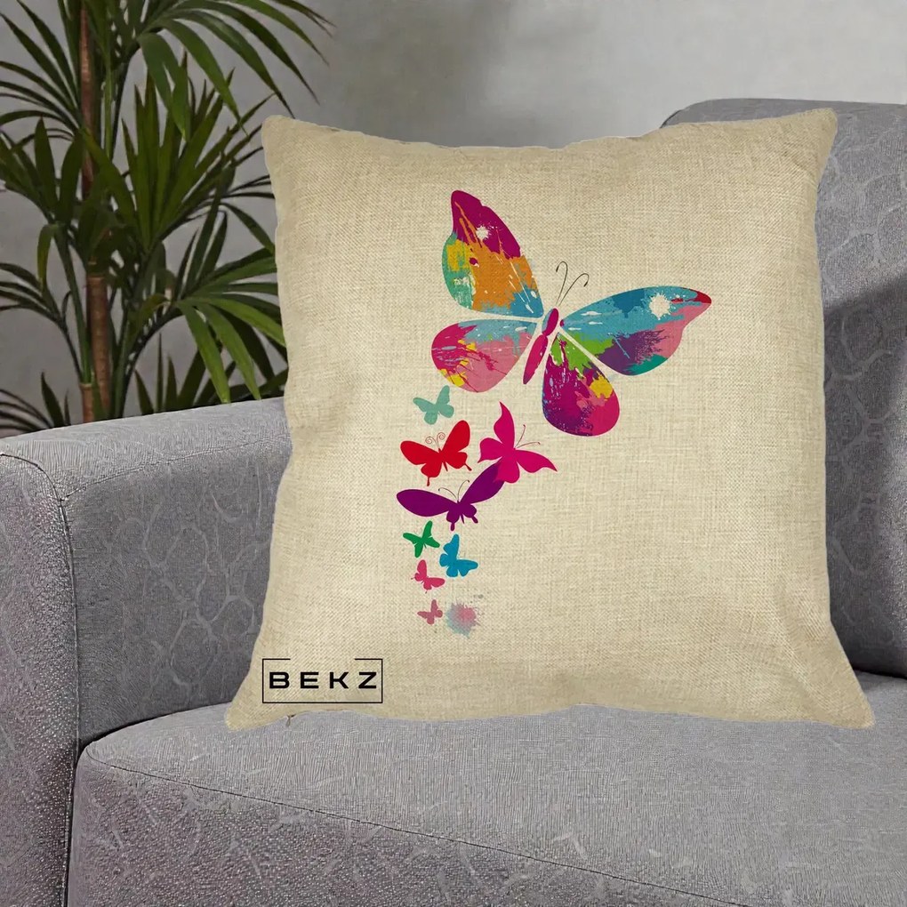 Perna Decorativa Fluturi Splash, 40x40 cm, Crem, Husa Detasabila, Perna Inclusa, BEKZ®