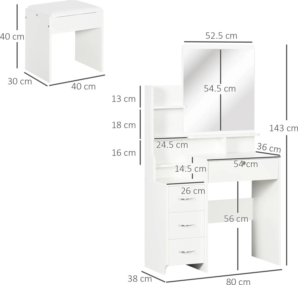HOMCOM Post de machiaj cu oglindă mare din sticlă temperată, tocător de machiaj cu scaun căptușit, 4 sertare și 4 rafturi, post de machiaj pentru dormitor, alb | Aosom Romania