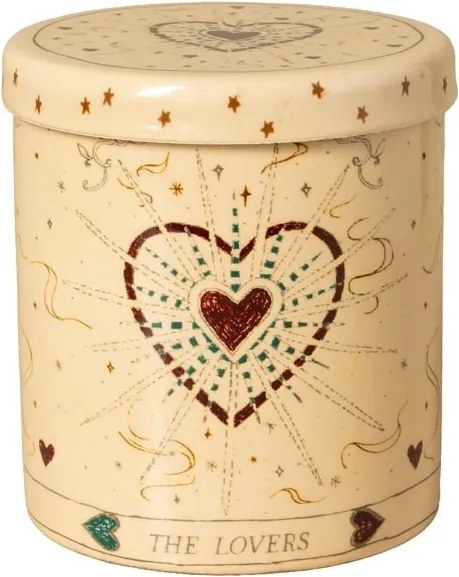 Lumânare artizanală în cutie din metal natur cu capac, pictată manual cu inimă și stele, finisaj lucios, 10 x 9 x 9 cm, „Amoureux”
