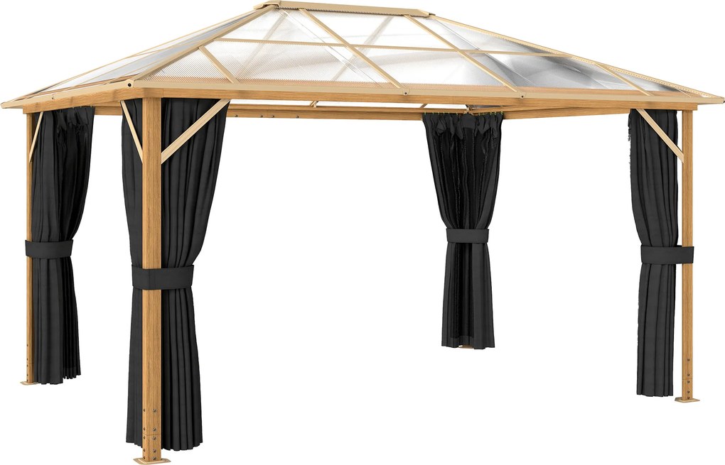 Outsunny Pavilion de grădină cca. 4x3 m Aluminiu cu acoperiș din policarbonat 6 mm, plasă anti-țânțari, 4 laterale, aspect lemn, Lemn natural | Aosom Romania