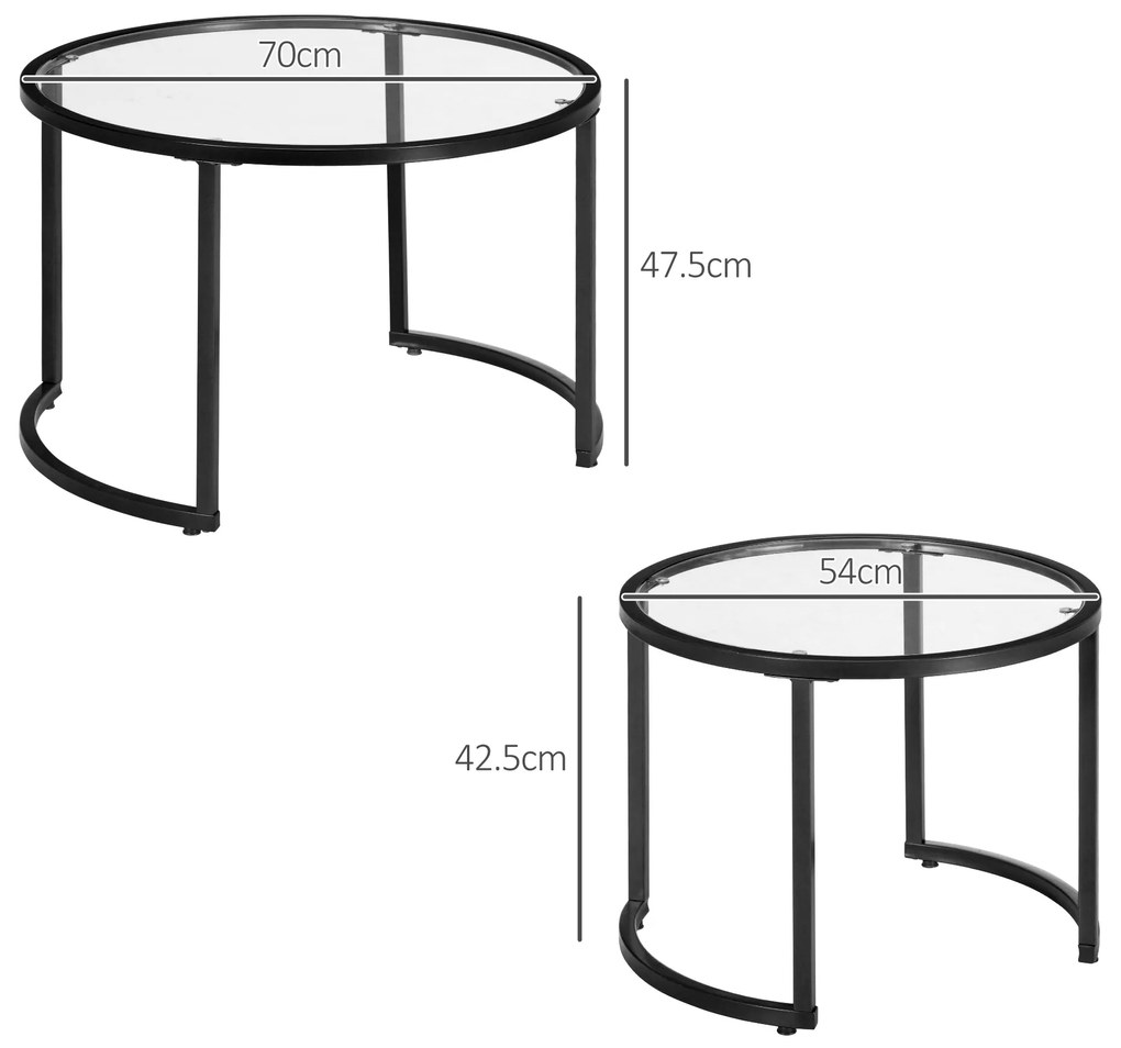 HOMCOM Set de 2 Mese de Cafea Suprapozabile din Sticlă și Oțel, Ø70x47.5 cm și Ø54x42.5 cm, Negru | Aosom Romania