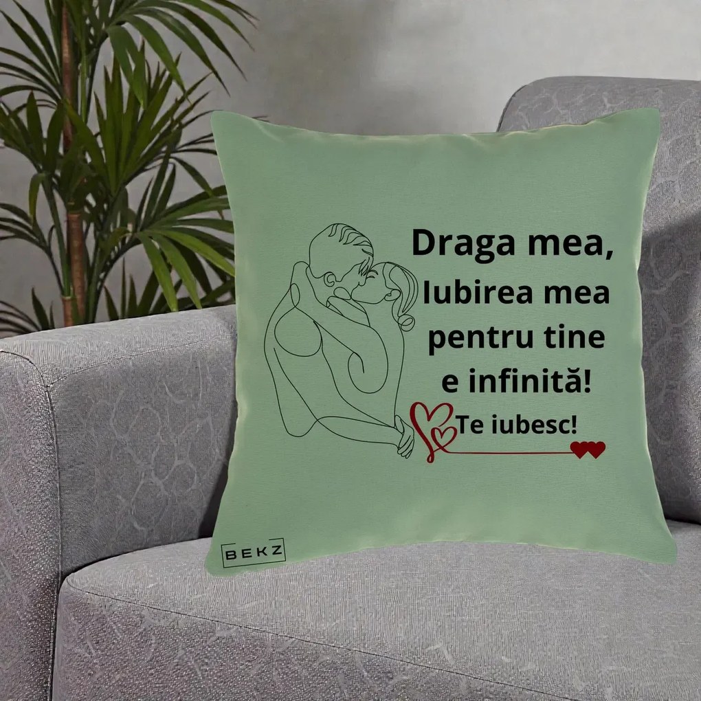 Cadou pentru Iubita - Perna Personalizata Draga Mea Iubirea Mea pentru Tine e Infinita Te Iubesc, 40x40 cm, Verde, Husa Detasabila, Perna Inclusa, BEKZ®