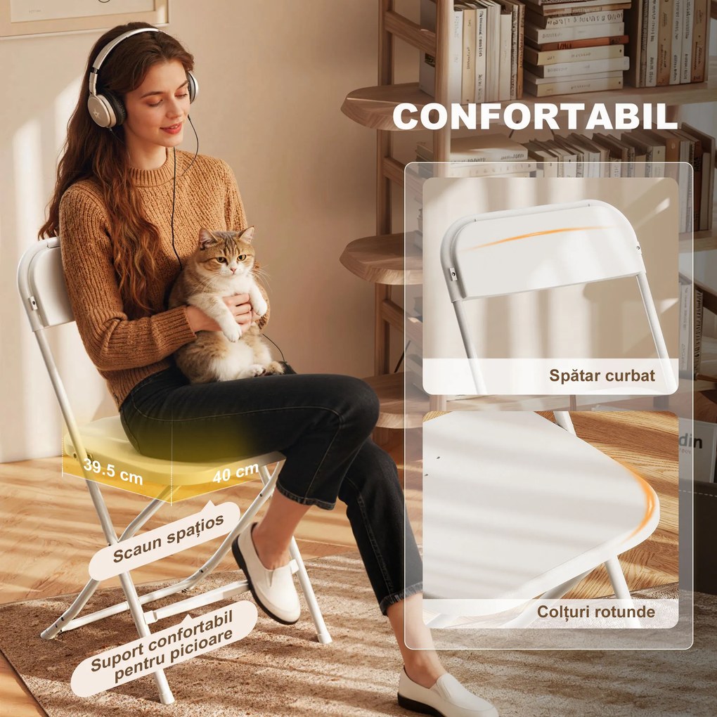HOMCOM Set de 6 Scaune Pliabile din PP cu Orificii de Drenaj, Scaune Pliabile Salva-Spațiu Portabile din Oțel, Scaun Pliabil de Interior pentru Casă, Birou, Bucătărie, Evenimente, 45x49x79,5 cm, Alb | Aosom Romania
