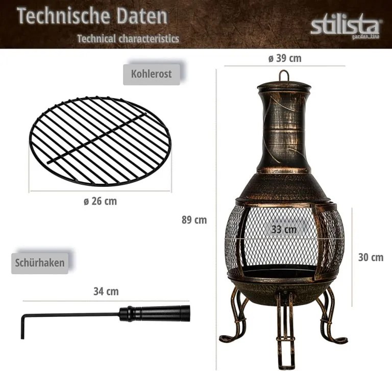 Șemineu exterior aztec 89 cm, fontă și oțel, accesorii incl.